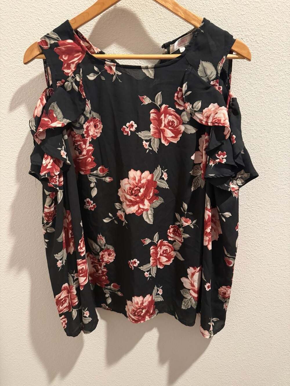Stella Tweed Floral Cold Shoulder Ruffle Blouse Size XL